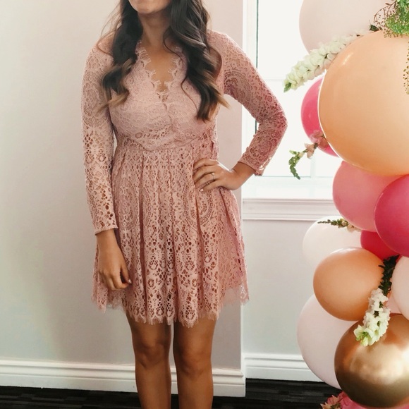 ASOS Dusty Pink Lace Long Sleeve Mini Dress - Picture 10 of 10